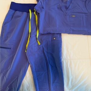 Figs Royal Blue Scrub Set with Lime Accents